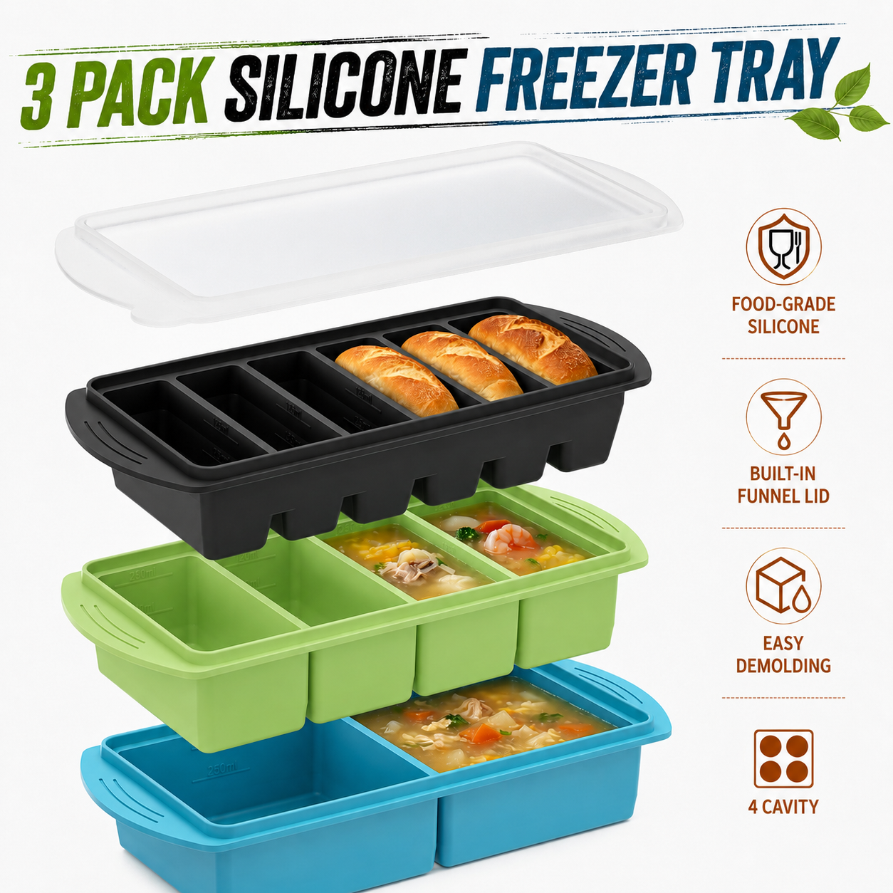 Meal Prep Oatmeal - 3 Pack Silicone Freezer Trays Set